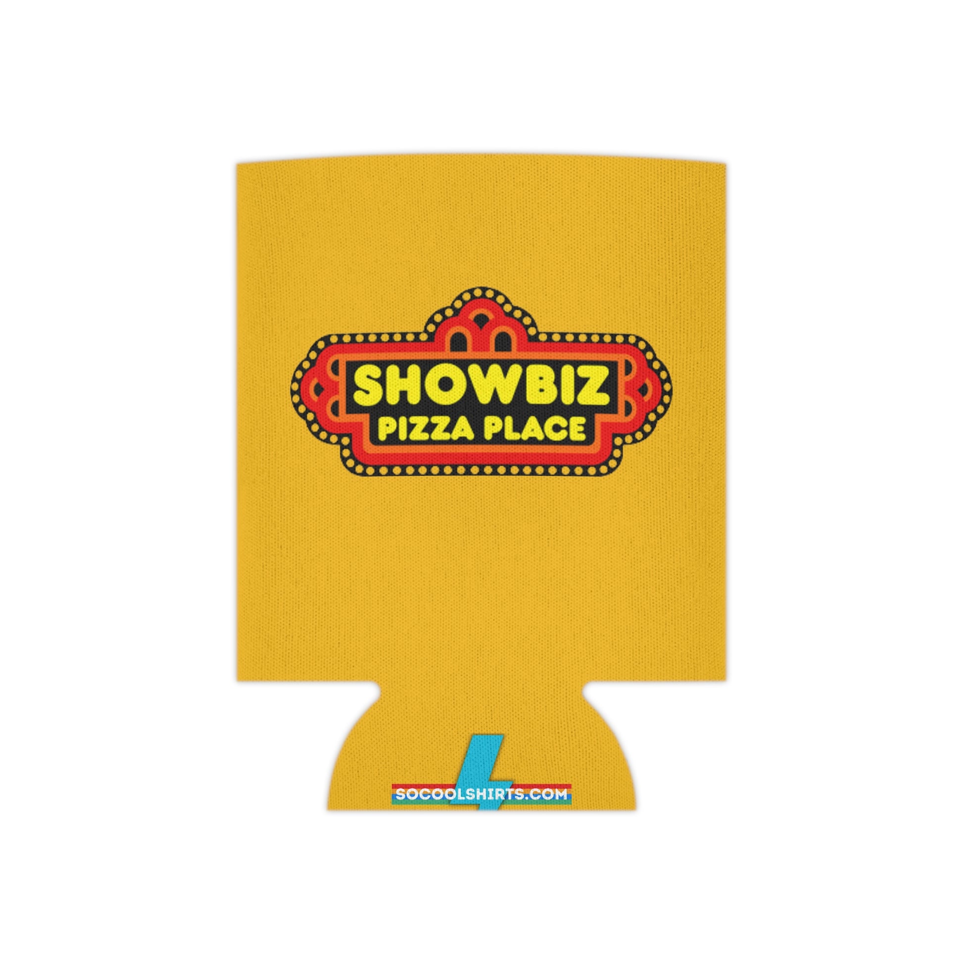 A retro-inspired koozie from Printify, named "Showbiz Pizza Place - Koozie," showcases a bold "Showbiz Pizza Place" logo with a red and black marquee design on a yellow background. The bottom features a small blue logo for "socoolshirts.com.