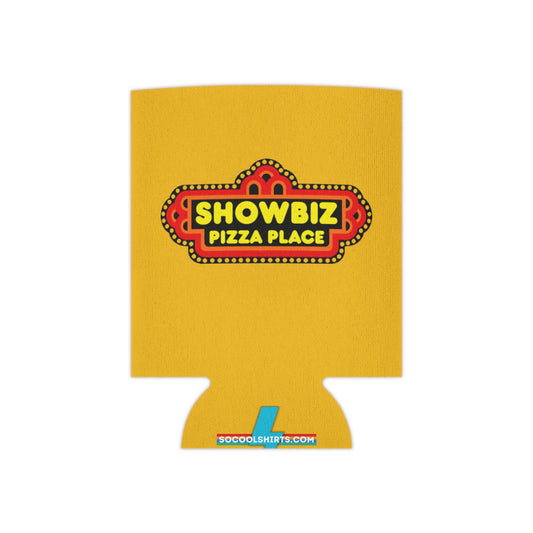 A retro-inspired koozie from Printify, named "Showbiz Pizza Place - Koozie," showcases a bold "Showbiz Pizza Place" logo with a red and black marquee design on a yellow background. The bottom features a small blue logo for "socoolshirts.com.