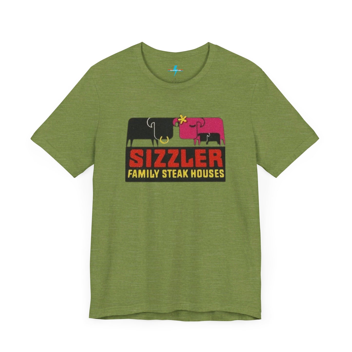 The "Sizzler Family Steakhouses - Retro 1981 Logo - Unisex Jersey Short Sleeve Tee" by Printify is a gray t-shirt showcasing a retro-style graphic with two black and pink cows, a cactus, and the text "Sizzler Family Steak Houses" in vibrant red and yellow. Ideal for any retro enthusiast, this design evokes nostalgia reminiscent of vintage restaurant logos from 1981.