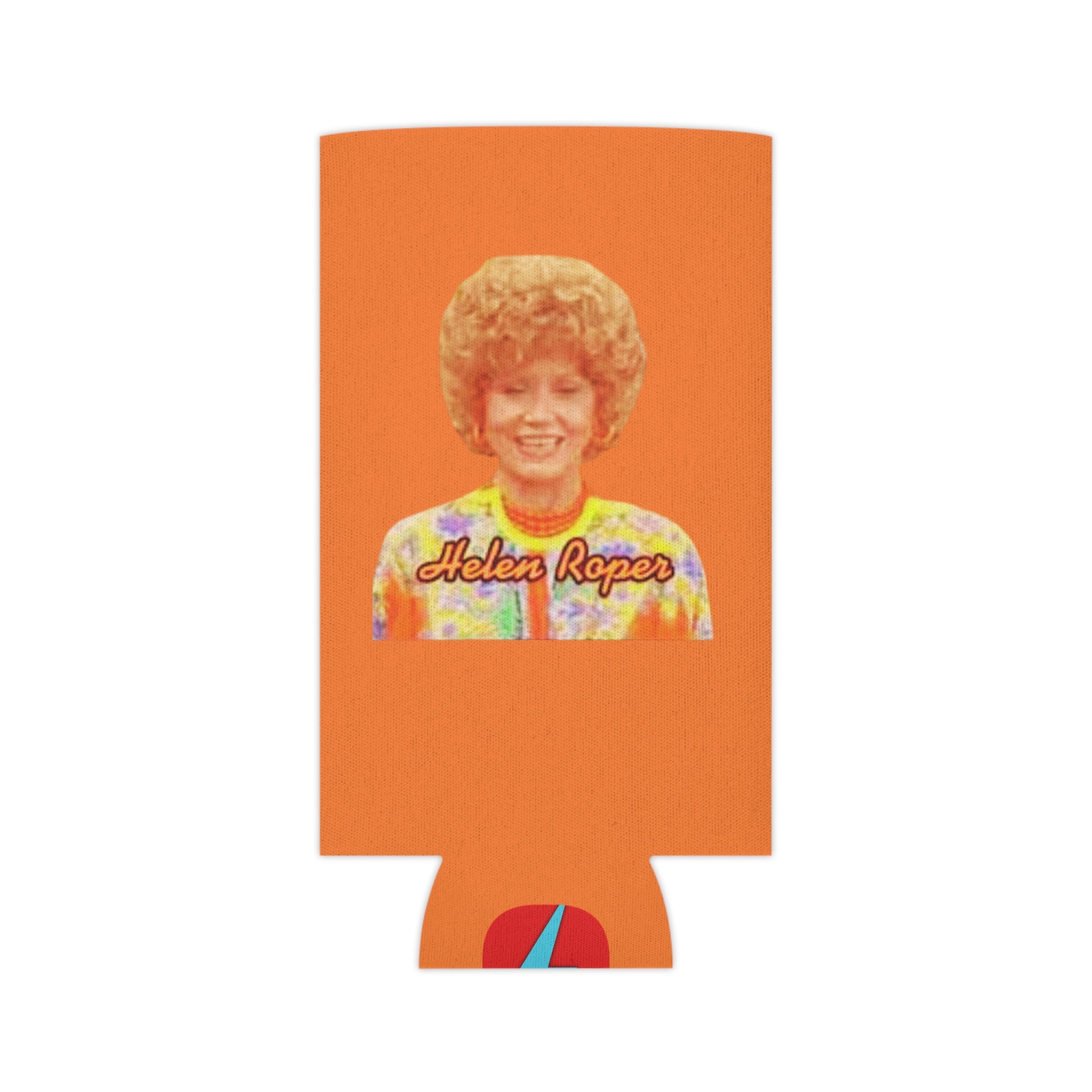 The Mrs. Roper - Three's Company - Koozie from Printify showcases a vibrant, retro-styled illustration of a woman with curly hair wearing a colorful patterned top. The name "Helen Roper" is prominently displayed on it. This can koozie exudes 1970s flair with its predominant orange color and features a small red and blue lightning bolt symbol at the bottom.