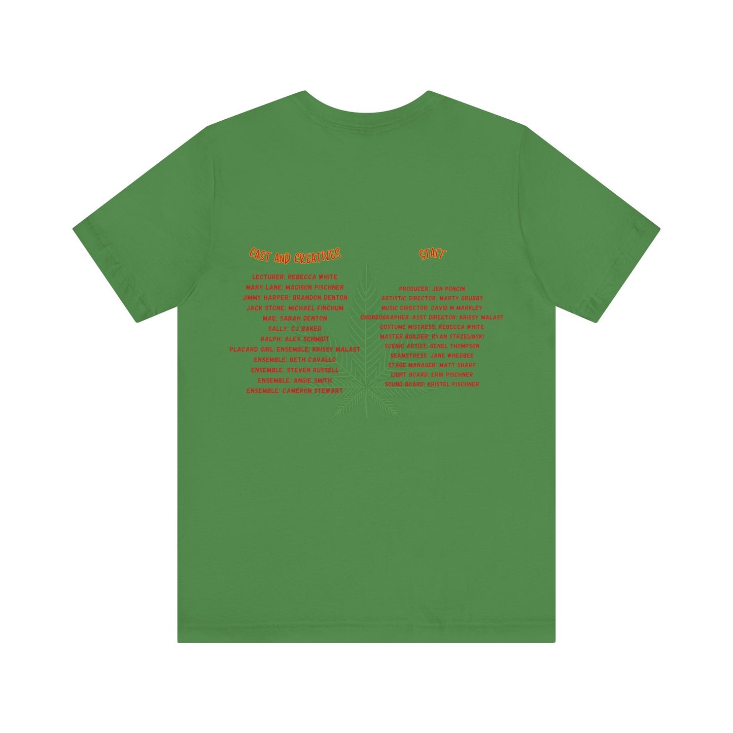 The Miller Community Theatre - Reefer Madness Cast and Crew Shirt by Printify showcases a vibrant design featuring bold, colorful text that reads "Reefer Madness The Musical" with a cartoon joint illustration. Below the main text, "A Miller Community Theatre Joint" is highlighted in red. This limited-edition green t-shirt, with its centered design, is perfect for cast and crew members.