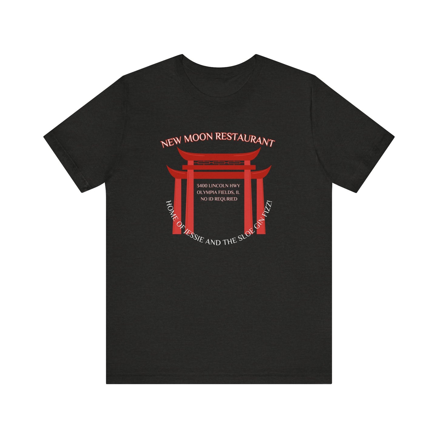 The New Moon Restaurant - Olympia Fields 1980s Retro Unisex Jersey Short Sleeve Tee by Printify is a nostalgic black jersey that features a red torii gate graphic with the text "New Moon Restaurant" at the top. Below the gate, it reads "Home of Tessie and the Slo Poke Mai Tai," along with the address "8400 Lincoln Blvd, Olympia Fields, IL.