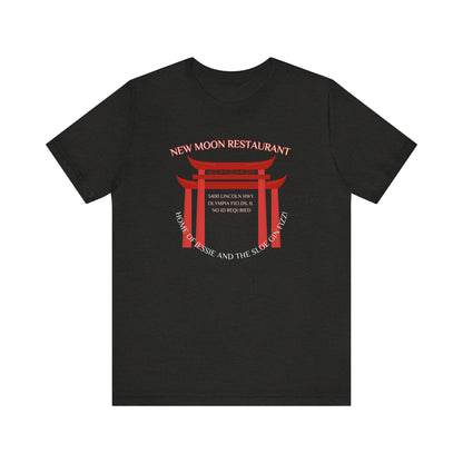 The New Moon Restaurant - Olympia Fields 1980s Retro Unisex Jersey Short Sleeve Tee by Printify is a nostalgic black jersey that features a red torii gate graphic with the text "New Moon Restaurant" at the top. Below the gate, it reads "Home of Tessie and the Slo Poke Mai Tai," along with the address "8400 Lincoln Blvd, Olympia Fields, IL.