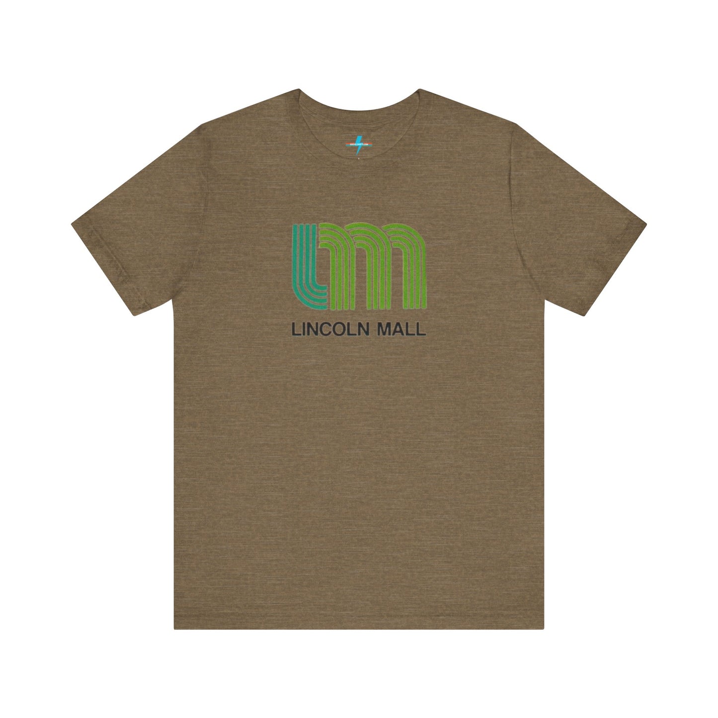 A light green unisex jersey short sleeve tee by Printify features "LINCOLN MALL" written under a retro-styled green and blue curved line design, celebrating the 70s and 80s shopping era in Lincoln Mall Matteson.