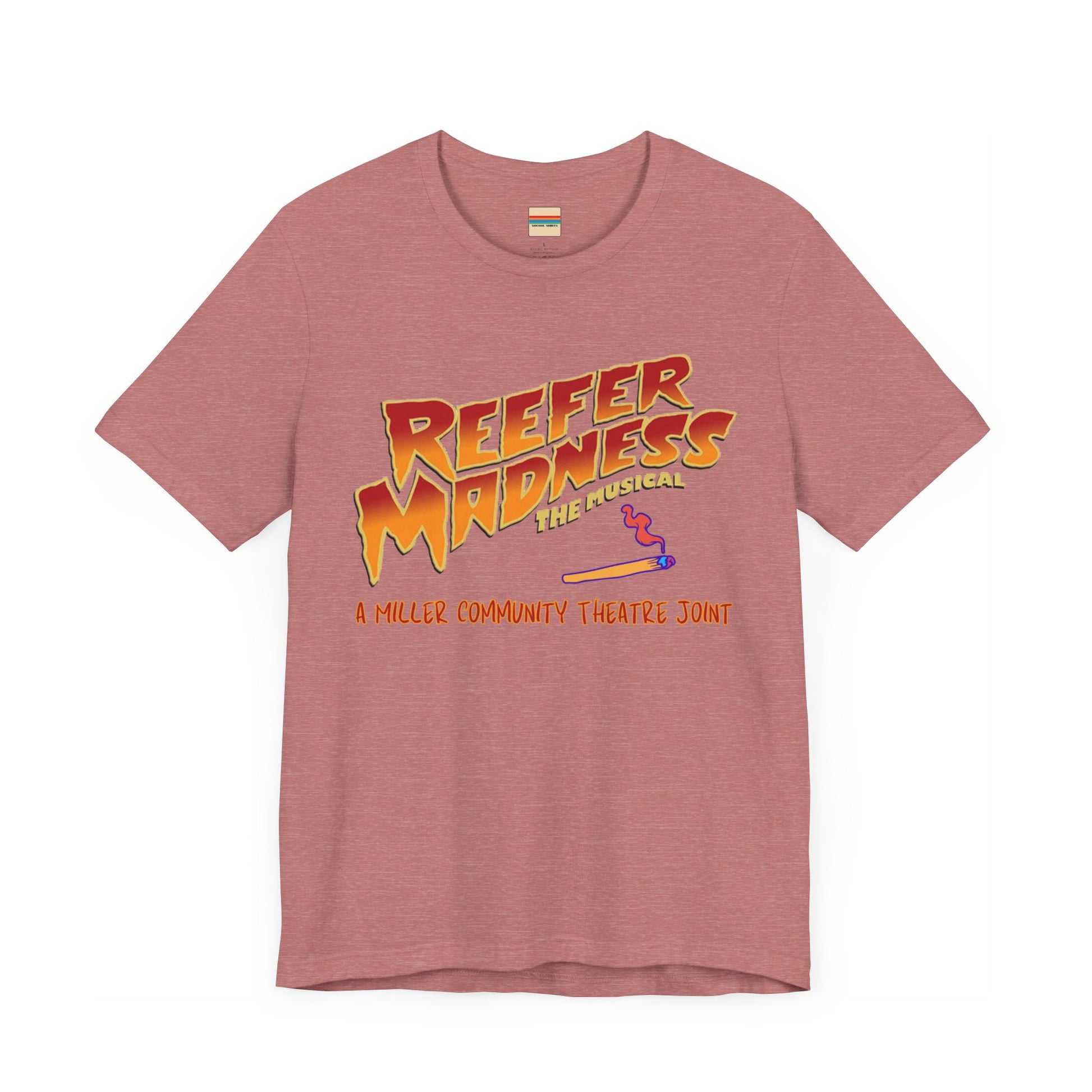 The Miller Community Theatre - Reefer Madness Cast and Crew Shirt by Printify showcases a vibrant design featuring bold, colorful text that reads "Reefer Madness The Musical" with a cartoon joint illustration. Below the main text, "A Miller Community Theatre Joint" is highlighted in red. This limited-edition green t-shirt, with its centered design, is perfect for cast and crew members.