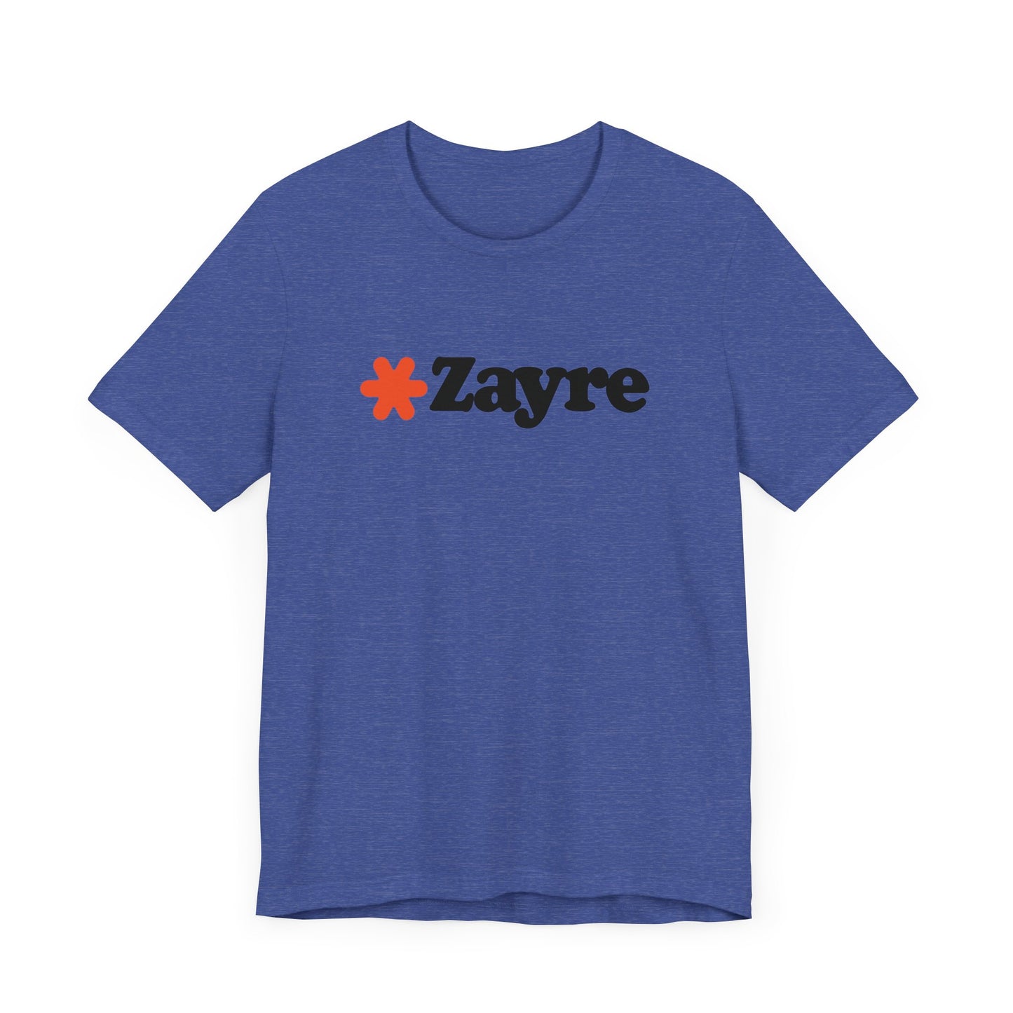 The Zayre Stores Logo - Retro 1980s Unisex Jersey Short Sleeve Tee by Printify features a gray design with the word "Zayre" printed in black letters and a red asterisk preceding the text. Reminiscent of retro fashion from the Zayre 1980s Retail Store, this shirt is displayed against a minimalistic white background and appears to be made of soft, comfortable fabric.