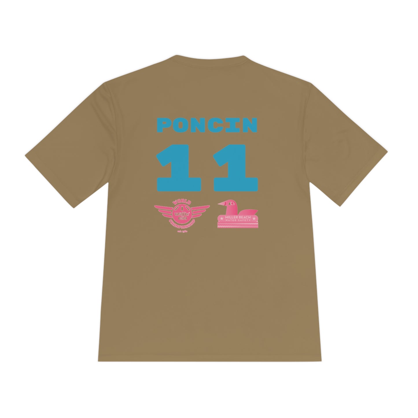 The Miller Beach Flamingos - Poncin 11 Unisex Moisture Wicking Tee by Printify features a beige shirt with "Miller Beach" in pink script, accompanied by a small illustration of a flamingo and volleyball. Below this design, the word "FLAMINGOS" is displayed in pink, with the number "11" appearing in blue near the bottom. Made from Sport-Tek PosiCharge Competitor Tee fabric, this custom moisture-wicking shirt ensures you stay cool and stylish.