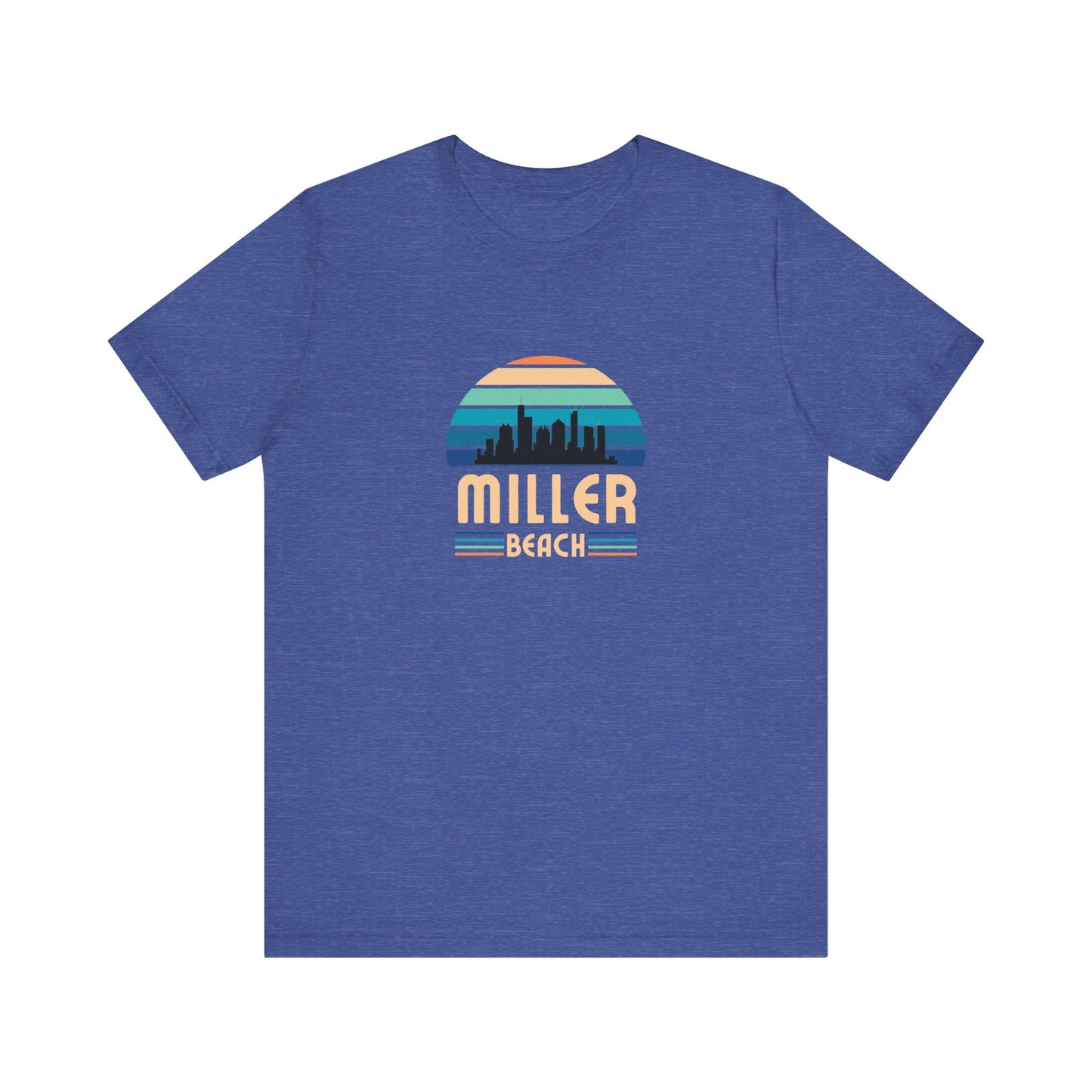 The Printify Miller Beach Chicago Skyline - Unisex Jersey Short Sleeve Tee is a light blue T-shirt featuring a stylized graphic of the Chicago skyline against a setting sun with gradient shades of blue and orange. Below the graphic, "Miller Beach" is printed in bold, yellow letters.