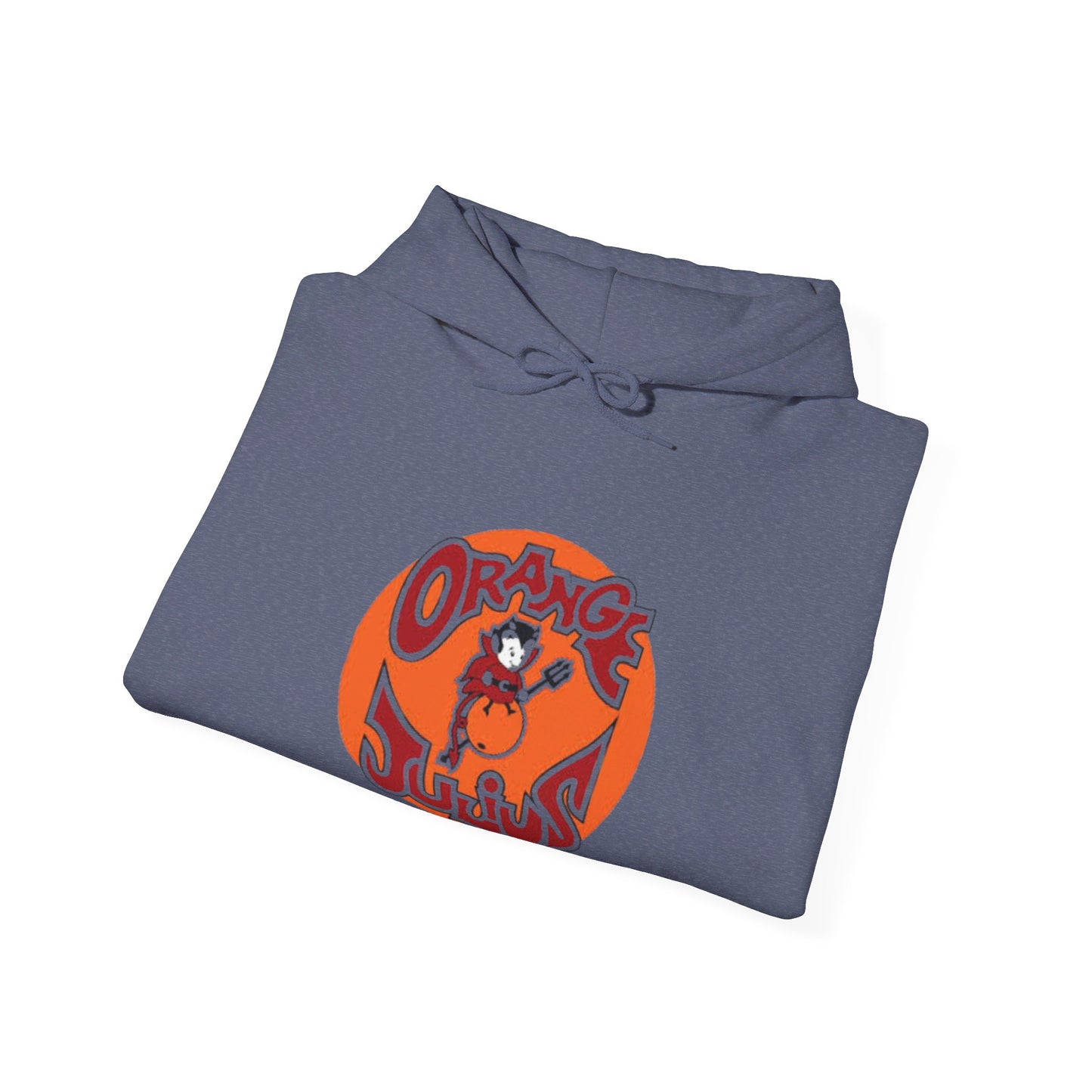 A light blue Orange Julius - Retro 1980s Hoodie by Printify, featuring a front pocket and hood. This nostalgic piece of clothing showcases a large, circular logo in orange and red at the center, depicting an illustrated character from 1980s mall culture.