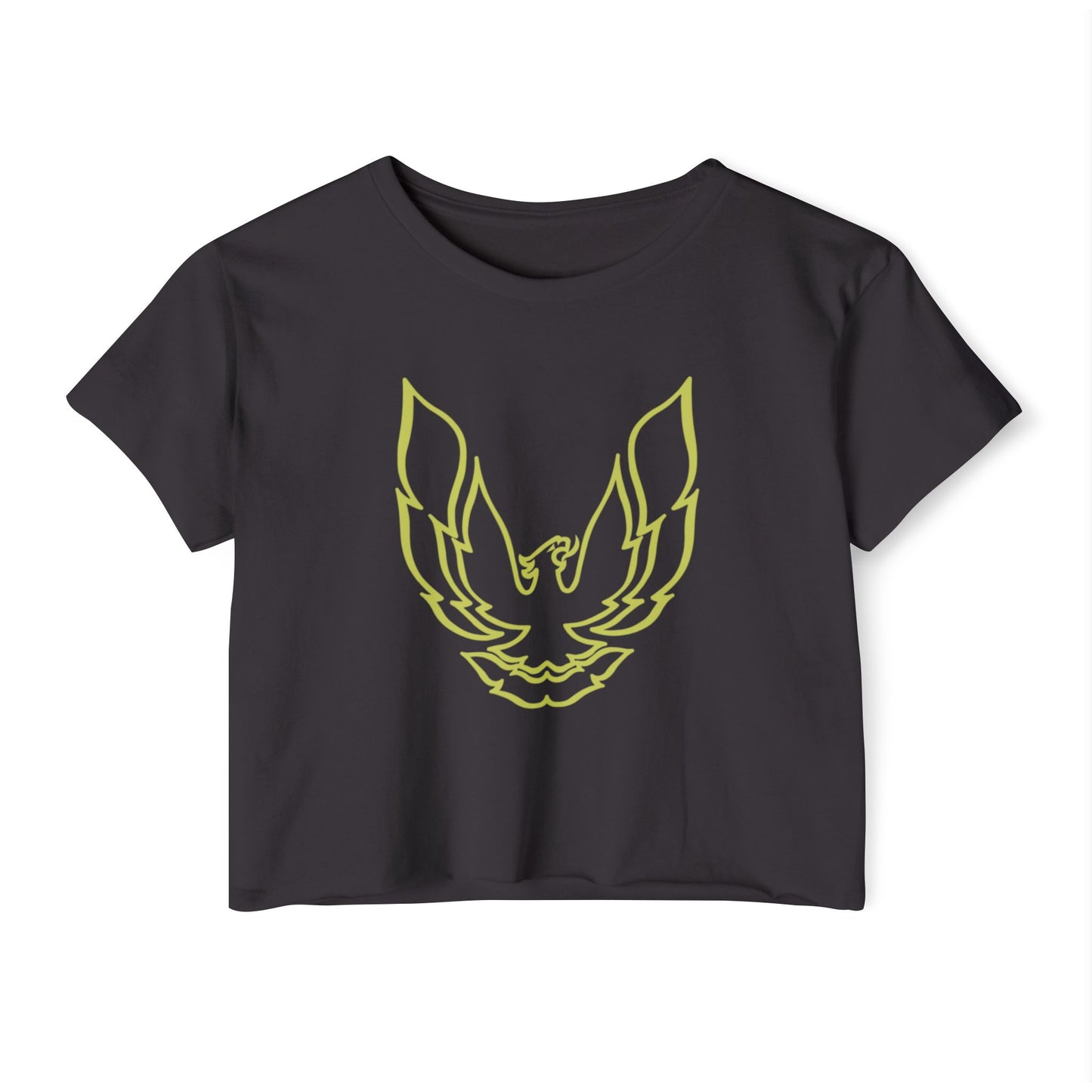 The Pontic Trans Am - Women's Festival Crop Top by Printify is a green heathered crop top featuring a large, stylized yellow eagle graphic with wings spread wide on the front, reminiscent of the Pontiac Phoenix Trans Am logo. With a simple crew neck and short sleeves, this top is ideal for vintage enthusiasts.