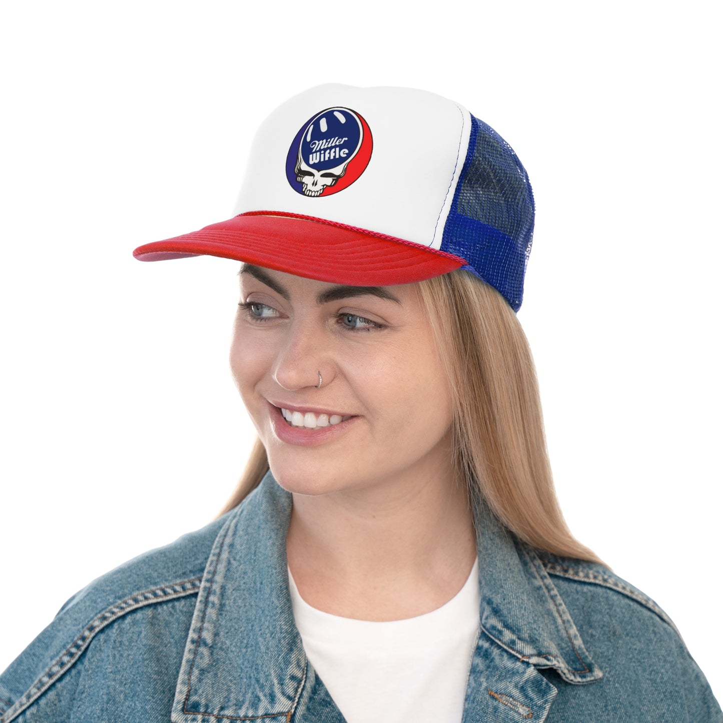 Introducing the Printify "Miller Beach Wiffel Ball - Stealy Trucker Hat": a vibrant trucker hat with a white front panel showcasing a bowling ball and skull logo for "Miller Wiffle." This hat features an adjustable snap closure, a blue nylon mesh back, and a bold red brim.