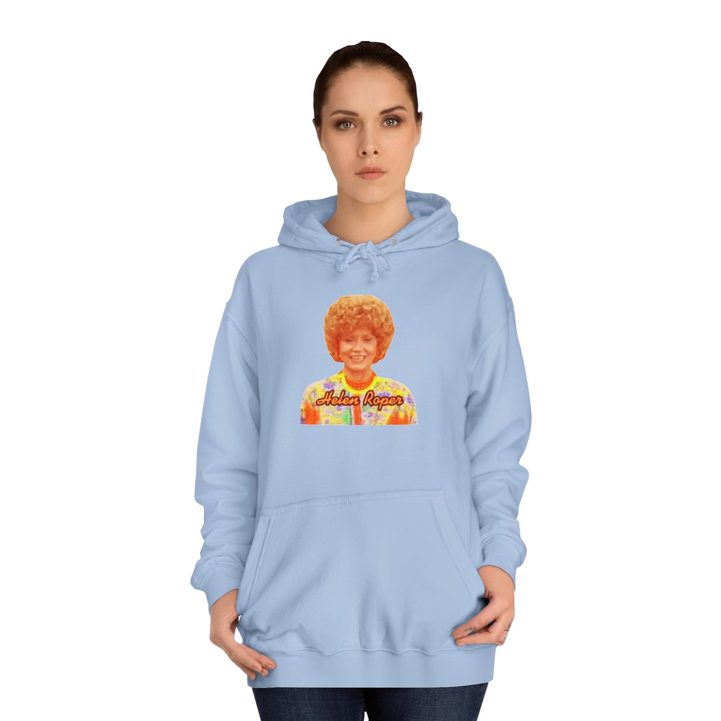 This Helen Roper - Three's Company unisex hoodie by Printify features a lively graphic of a woman with curly hair in a vibrant, patterned outfit. The elegantly scripted text "Mother Rogers" beneath her adds a vintage fashion flair to any wardrobe.