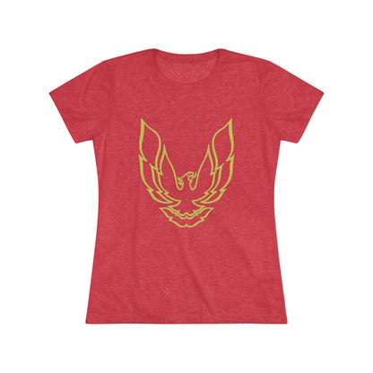 A retro 1970's-inspired red women's triblend tee by Printify, featuring a stylish gold phoenix design on the front. The vibrant, sleek graphic depicts the iconic Trans Am bird with its wings spread upward, giving this cozy t-shirt a bold and dynamic look.