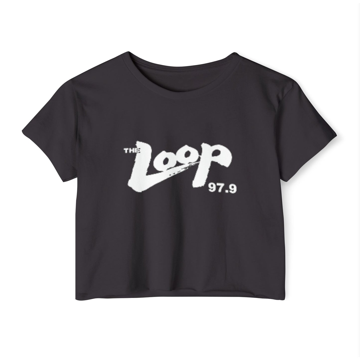 Printify's Women's Festival Crop Top features a grey design with short sleeves and a round neckline. The crop top displays the text "The Loop 97.9" in white, with the word "Loop" styled in a brushstroke-like font—ideal for fans of Chicago’s iconic rock radio station who appreciate retro fashion.