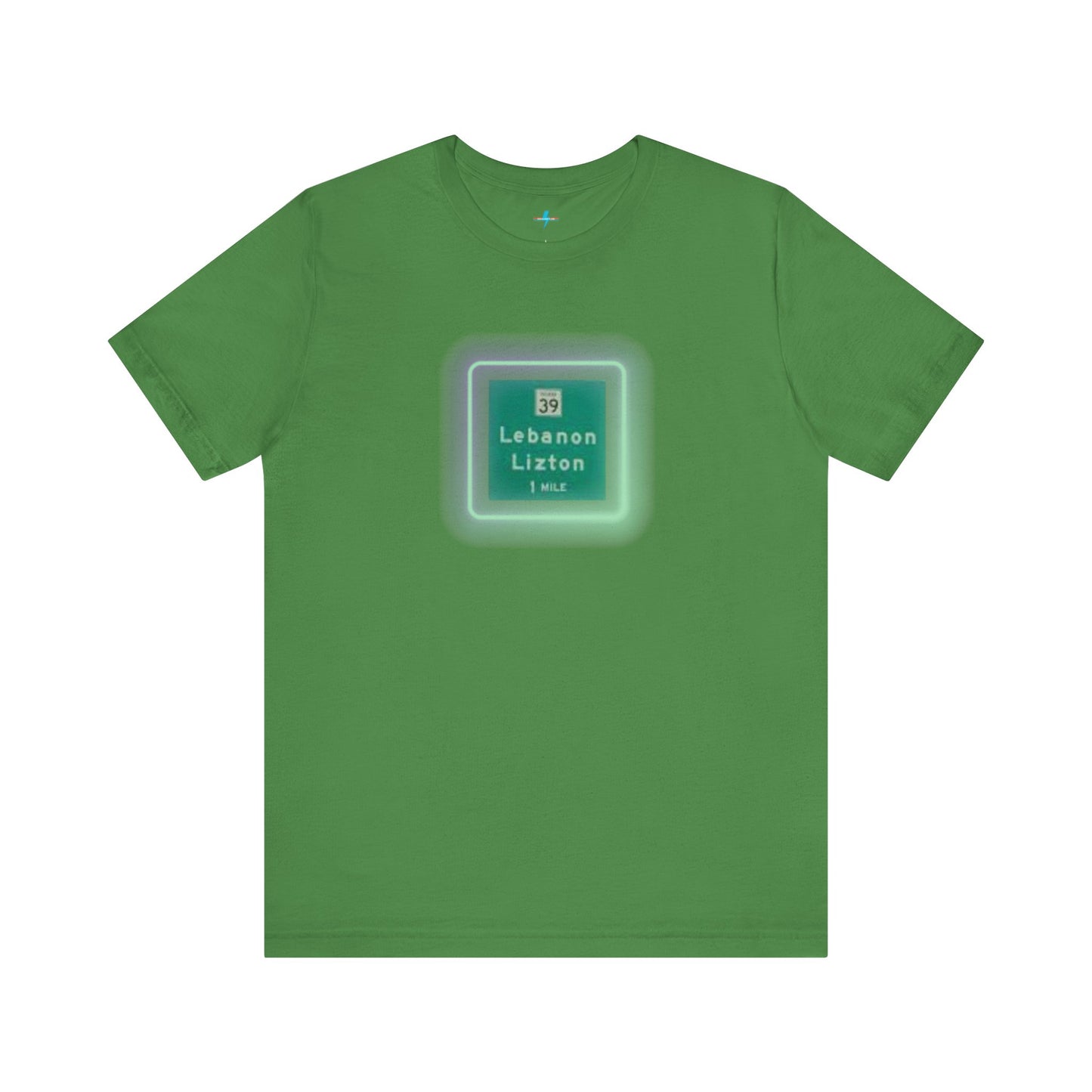 Introducing "The Lebanon Loop - Indiana" unisex jersey short sleeve tee by Printify. This green t-shirt features a graphic of a road sign displaying "39 Lebanon Lizton 1 MILE" within a slightly glowing square frame. It's crafted from 100% Airlume cotton and photographed flat on a white background.