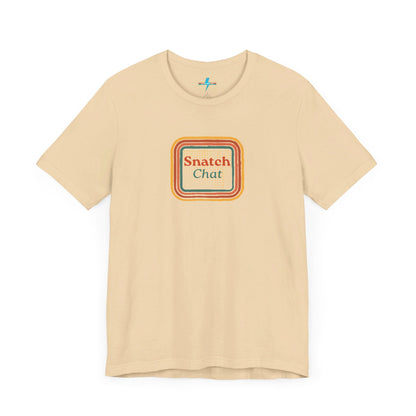 A light brown Snatch Chat - Unisex Jersey Short Sleeve Tee by Printify features the text "Snatch Chat" in the center, enclosed within a square composed of red, orange, yellow, and brown layers. This retro-designed tee is crafted from premium fabric and is showcased against a plain white background.