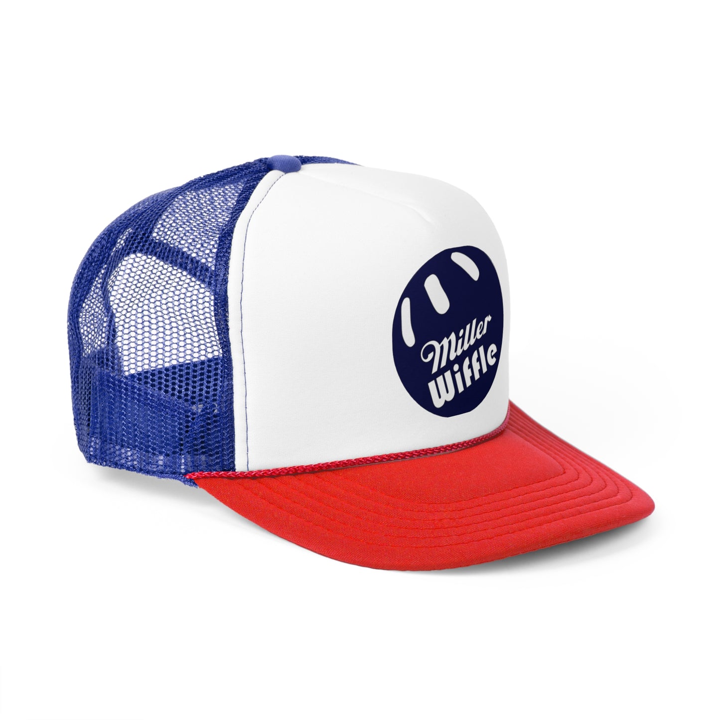 The Miller Wiffel Ball OG Logo - Trucker Cap by Printify is a stylish black and white hat featuring a black mesh back. The front panel is white and showcases a dark blue circle logo with the text "Miller Wiffle" in white, inside a design that resembles a Wiffle ball. This trucker cap includes an adjustable plastic snap closure for the perfect fit.