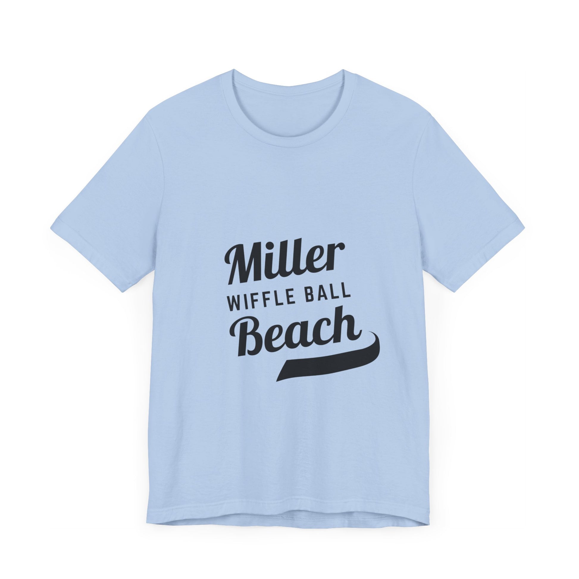 A light blue, soft cotton t-shirt with the text "Miller Beach Wiffel Ball" printed in black on the front. The design features a stylized, curved underline beneath the word "Beach," giving the text a dynamic appearance. This unisex jersey offers a comfortable retail fit for all. Product Name: Miller Beach Wiffel Ball - Unisex Jersey Short Sleeve Tee Retro Logo by Printify.