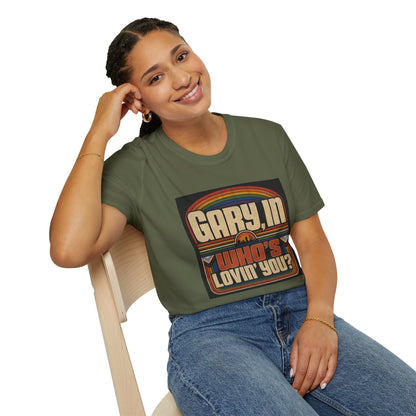 T-Shirt — "Gary, I'm Who's Lovin' You?" Retro Rainbow Design - Pride Month