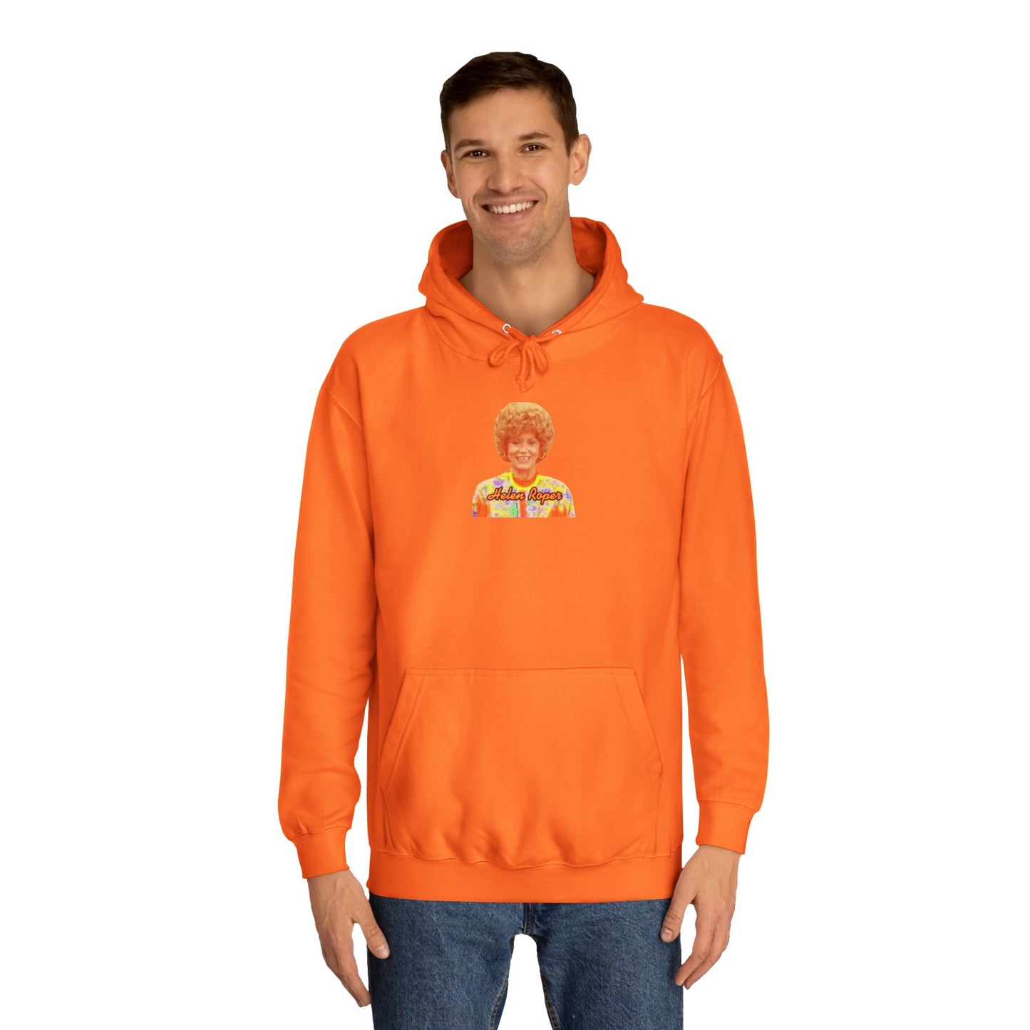 This Helen Roper - Three's Company unisex hoodie by Printify features a lively graphic of a woman with curly hair in a vibrant, patterned outfit. The elegantly scripted text "Mother Rogers" beneath her adds a vintage fashion flair to any wardrobe.