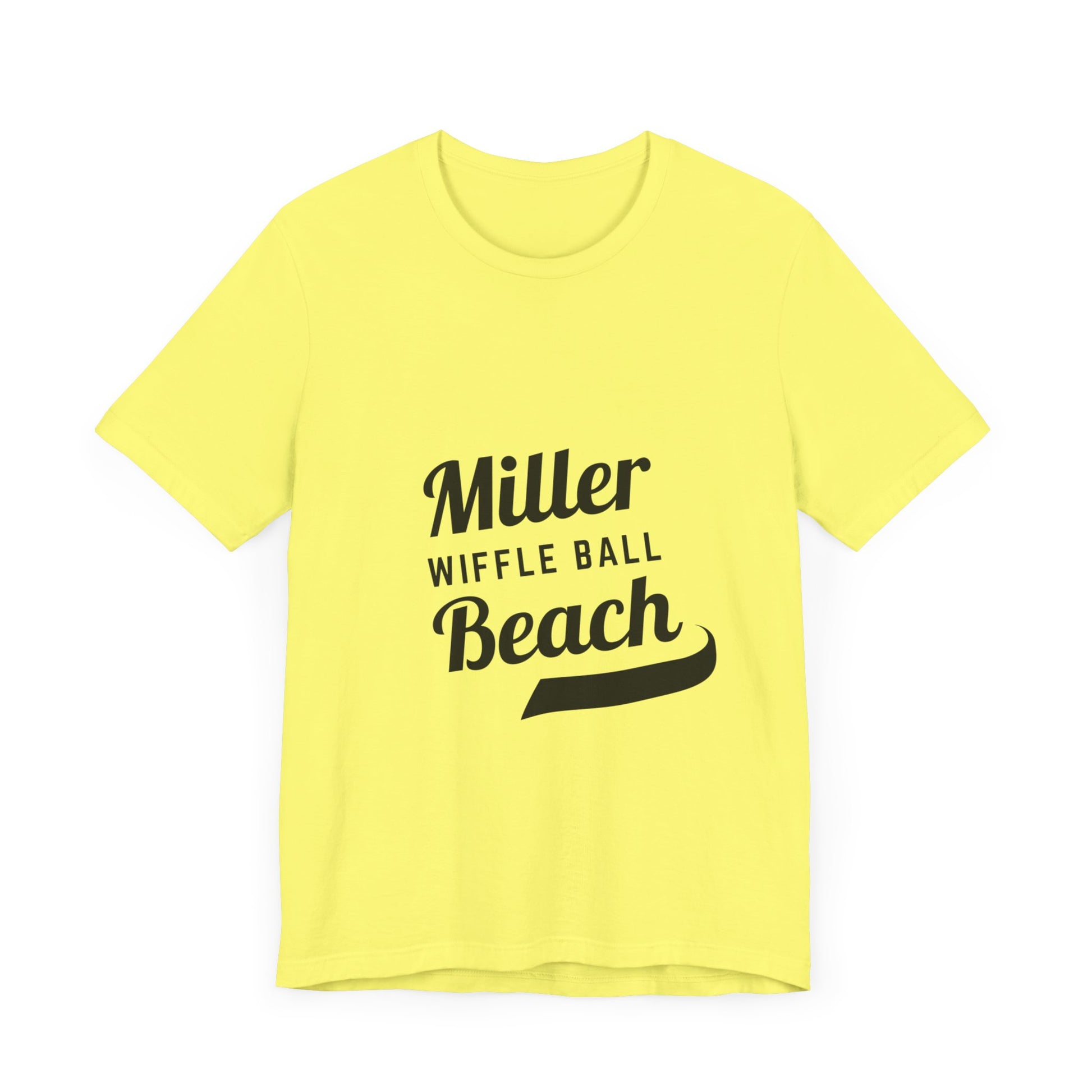 A light blue, soft cotton t-shirt with the text "Miller Beach Wiffel Ball" printed in black on the front. The design features a stylized, curved underline beneath the word "Beach," giving the text a dynamic appearance. This unisex jersey offers a comfortable retail fit for all. Product Name: Miller Beach Wiffel Ball - Unisex Jersey Short Sleeve Tee Retro Logo by Printify.