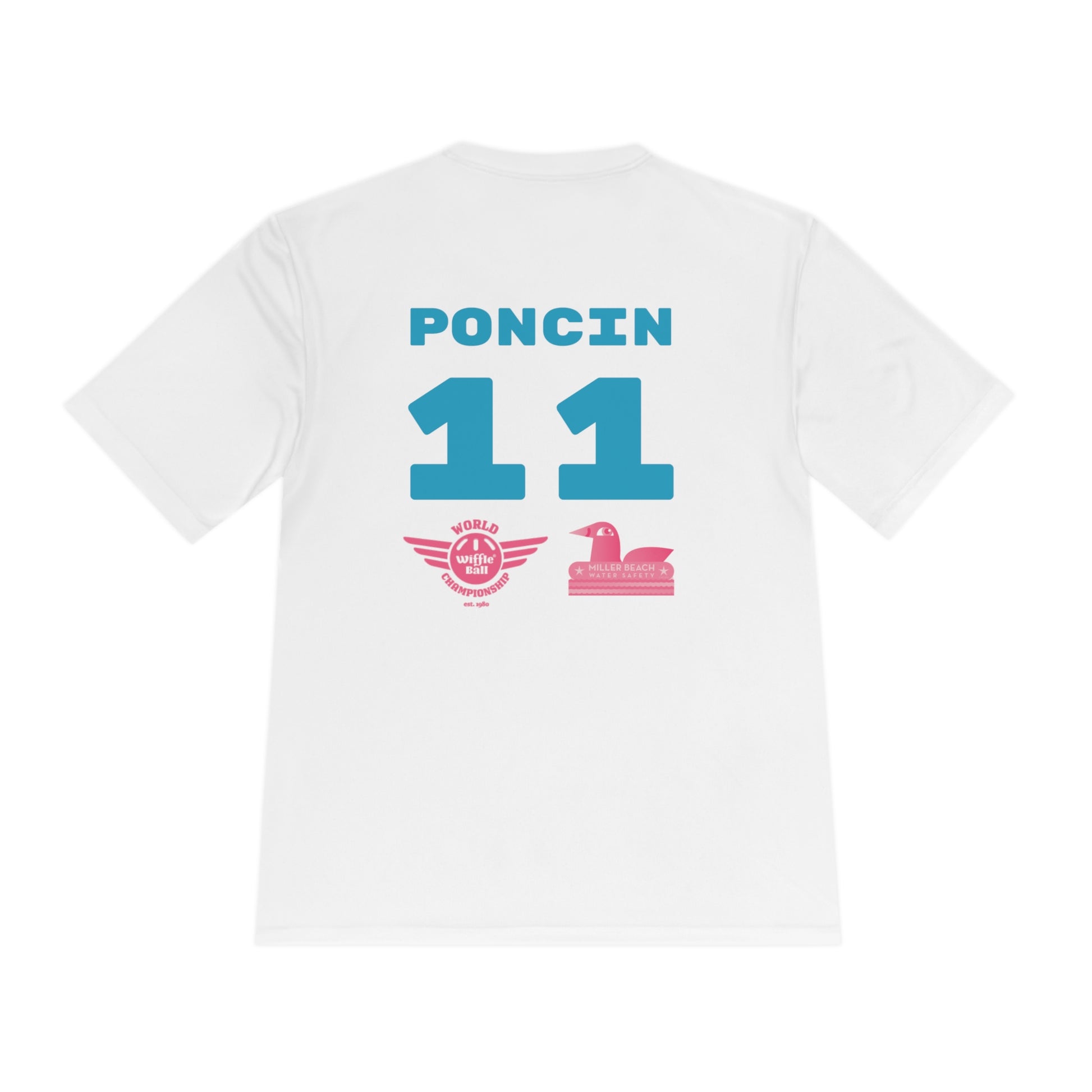 The Miller Beach Flamingos - Poncin 11 Unisex Moisture Wicking Tee by Printify features a beige shirt with "Miller Beach" in pink script, accompanied by a small illustration of a flamingo and volleyball. Below this design, the word "FLAMINGOS" is displayed in pink, with the number "11" appearing in blue near the bottom. Made from Sport-Tek PosiCharge Competitor Tee fabric, this custom moisture-wicking shirt ensures you stay cool and stylish.