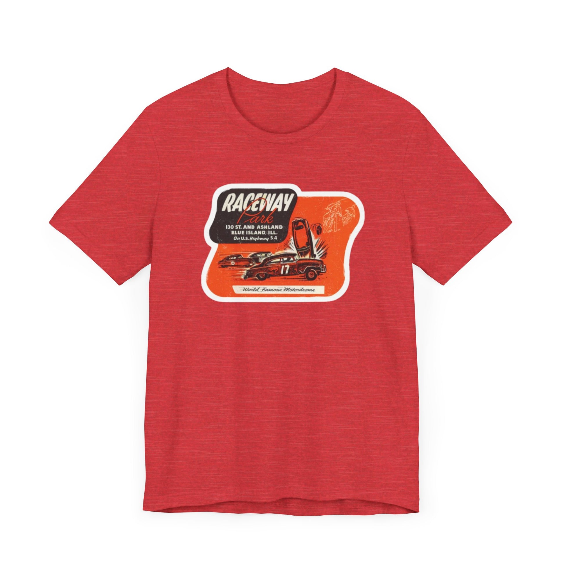 The 1970's Raceway Park - Blue Island, IL - Unisex Jersey Short Sleeve Tee by Printify is a light gray T-shirt featuring a graphic with a red background, an illustration of a race car labeled "17," and text reading "RACEWAY" and "As Seen On." The vintage-inspired design offers a nostalgic nod to classic car enthusiasts, reminiscent of the '70s racing era. The shirt is displayed against a plain background.