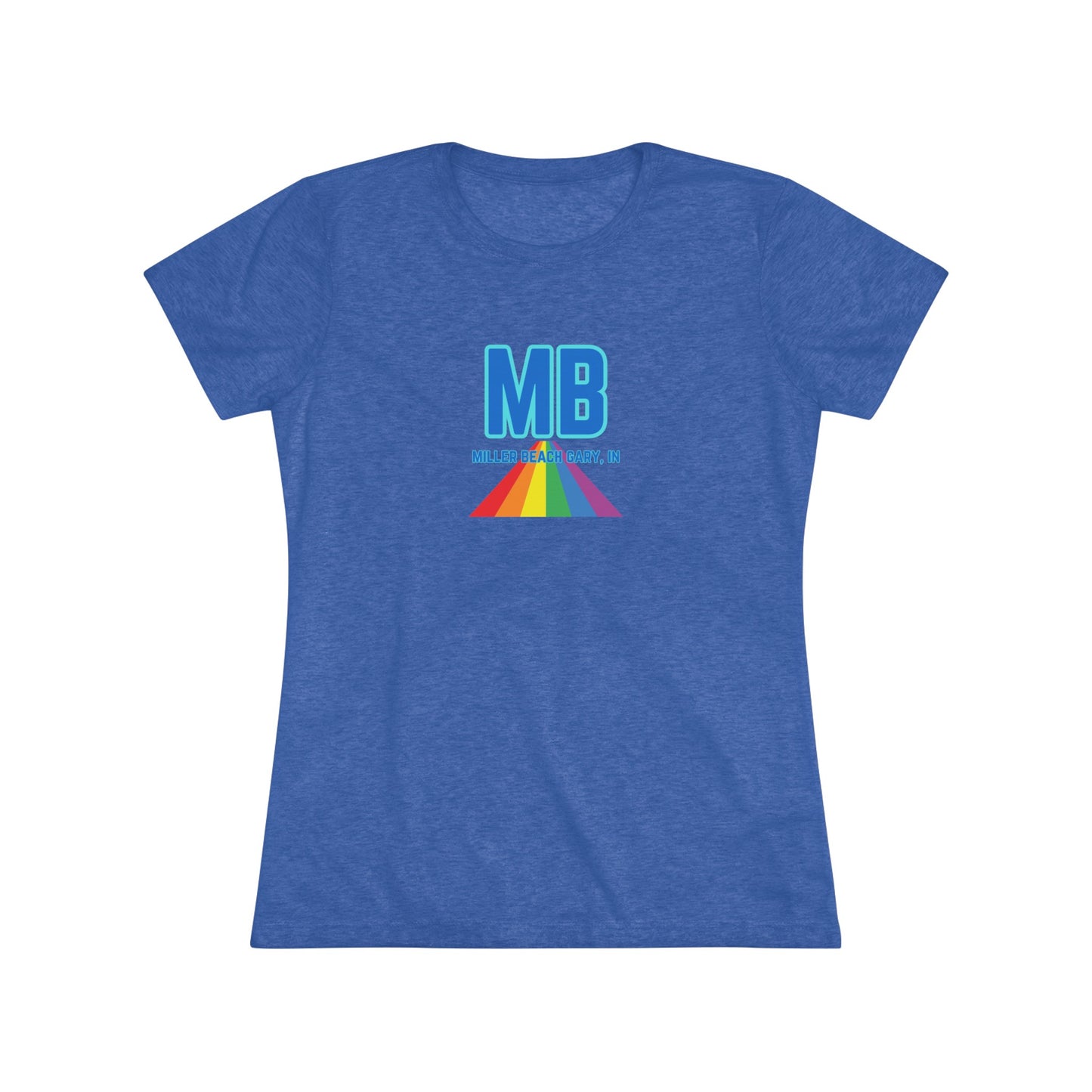 The Miller Beach Pride - Women's Triblend Tee by Printify is a dark gray, cozy t-shirt with a vintage look, featuring the text "MB" in large blue letters at the center. Below the letters, there is a rainbow-colored triangular design with "Millions & Binary, Inc." written in smaller text under the rainbow triangle.