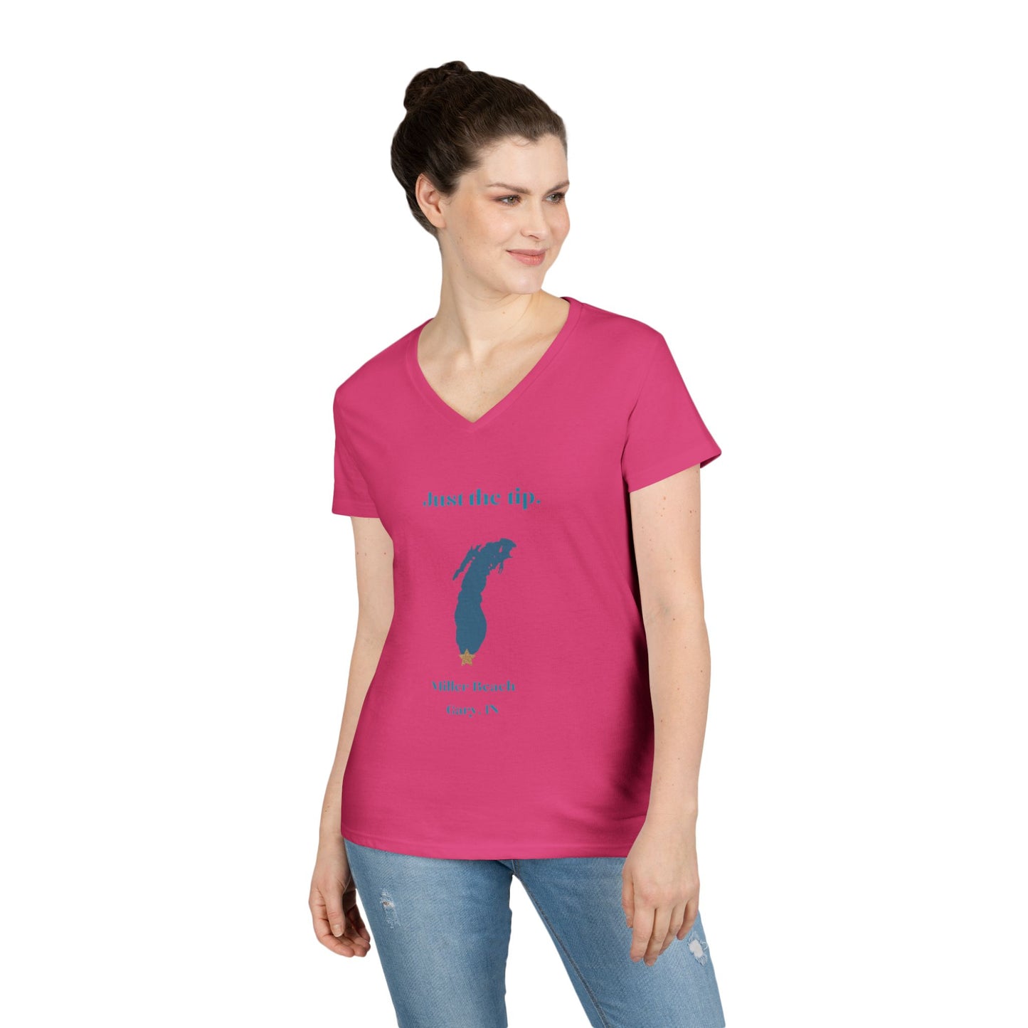 The Just the Tip - Miller Beach Ladies' V-Neck T-Shirt by Printify is a coral-colored top made from soft tri-blend fabric. It showcases a graphic of Lake Michigan accompanied by the playful text "Just the tip," along with "Miller Beach, Gary, IN" displayed below.