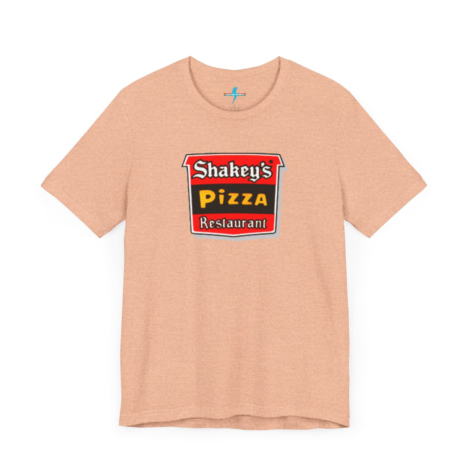 A black Shakey's Pizza - 1980s Retro Logo - Unisex T-Shirt by Printify hangs against a white background. The shirt features a colorful graphic with the text "Shakey's Pizza Restaurant" in white, yellow, and black lettering on a red background, resembling vintage pizza joints signage. This retro tee brings nostalgic vibes of classic pizzerias.