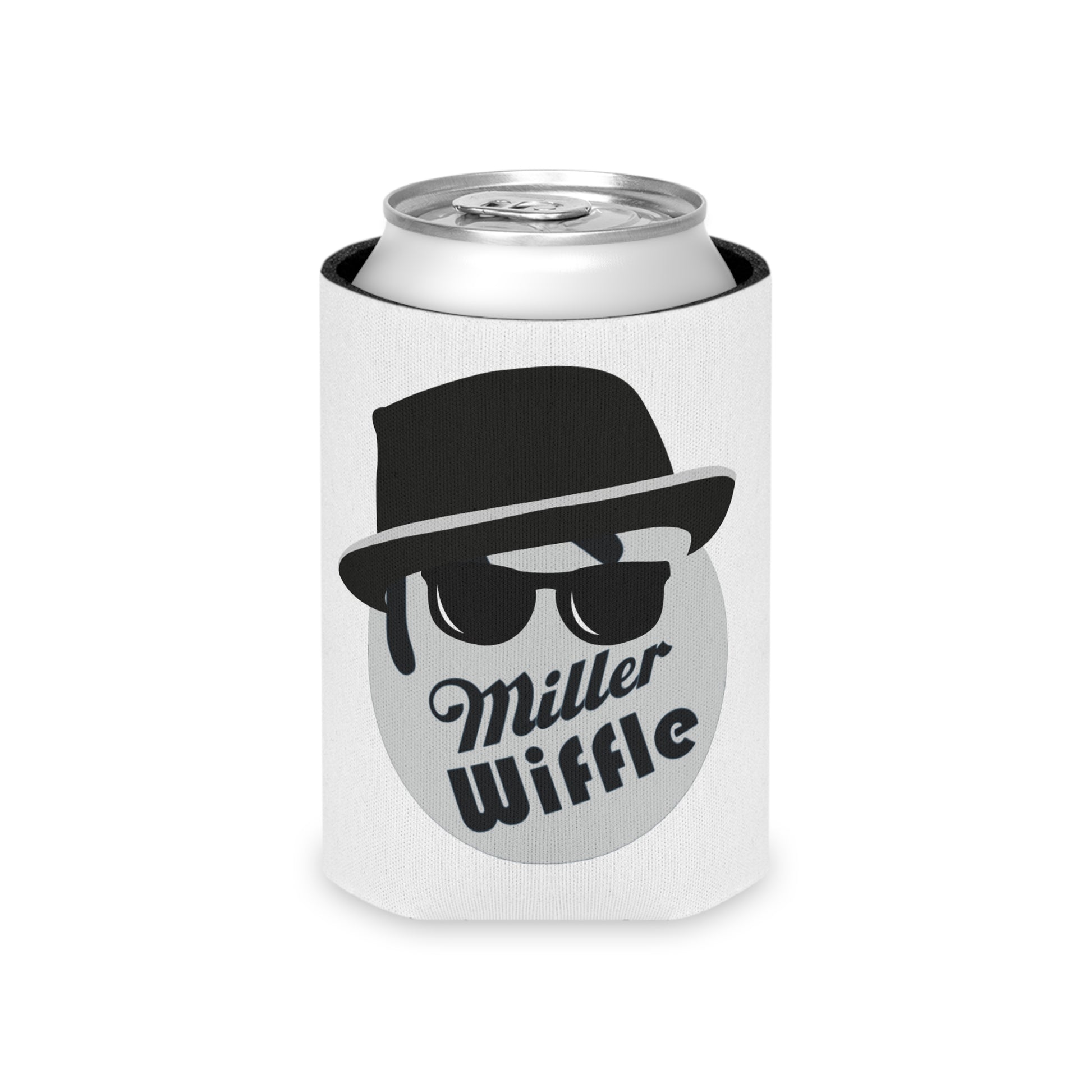 Image of the Printify Miller Wiffle Ball - Blues Brothers Koozie Can Cooler, showcasing a white can koozie with a stylized illustration of a circular face wearing a black fedora and sunglasses, reminiscent of the Blues Brothers, alongside the text "Miller Wiffle." The bottom of the cooler features "SOCOOLSHIRTS.COM" in blue and red.