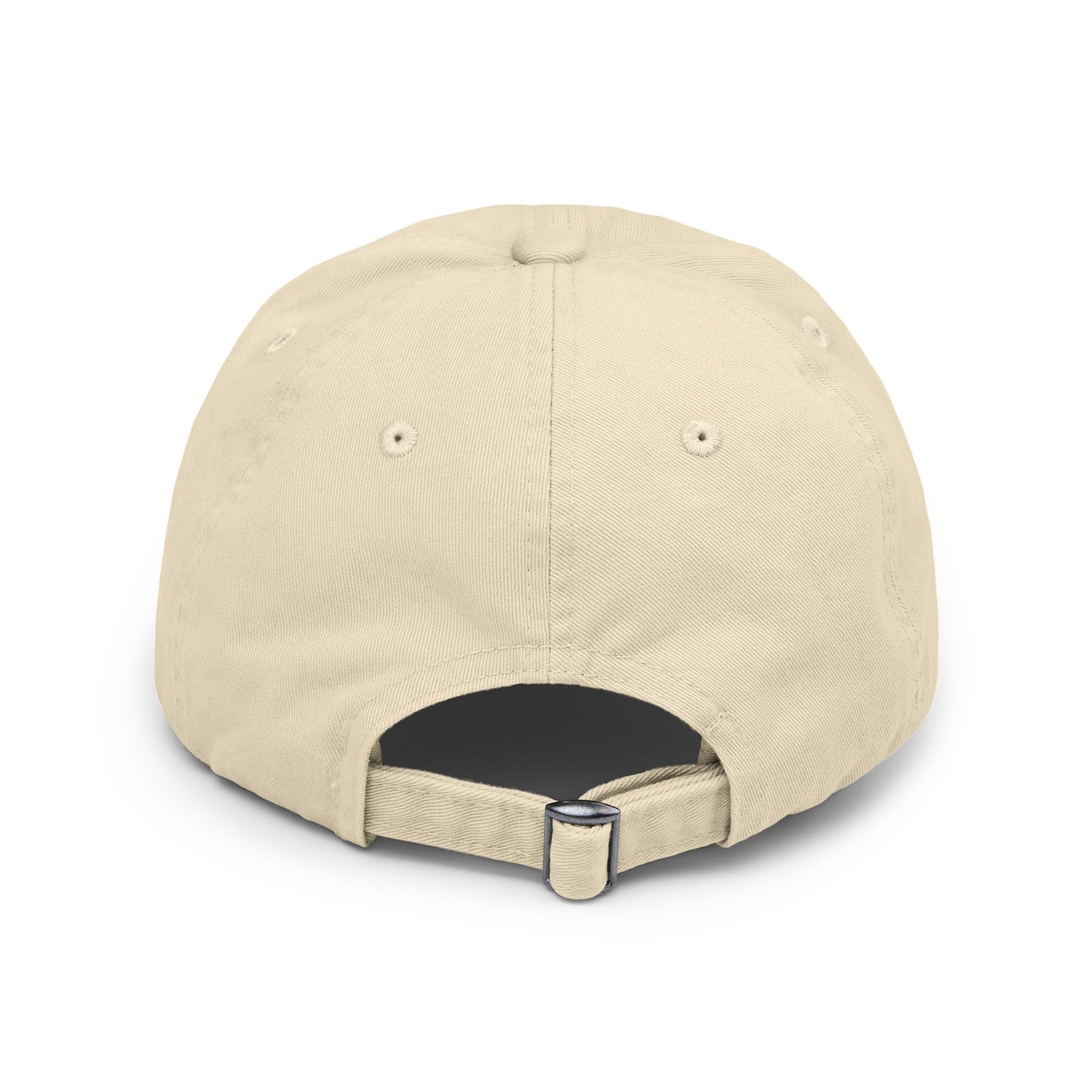 The 1980s Chess King Clothing Store Logo - Unisex Distressed Cap by Printify is a beige baseball cap made from 100% cotton twill. It features intentional distress details and a logo with a crown and rook piece, along with the text "chess king" embroidered on the front, making it a stylish choice for custom caps enthusiasts.