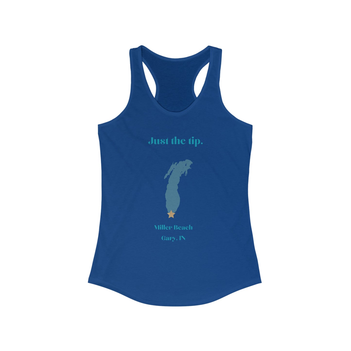 The Printify Just the Tip - Miller Beach - Women's Ideal Racerback Tank in navy blue showcases a light blue silhouette of Michigan's Lower Peninsula with a small gold star near the southern tip. Above the silhouette, it bears the text "Just the tip," while below it reads "Miller Beach, Gary, IN." It is crafted from lightweight breathable fabric to ensure ultimate comfort.