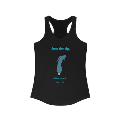 The Printify Just the Tip - Miller Beach - Women's Ideal Racerback Tank in navy blue showcases a light blue silhouette of Michigan's Lower Peninsula with a small gold star near the southern tip. Above the silhouette, it bears the text "Just the tip," while below it reads "Miller Beach, Gary, IN." It is crafted from lightweight breathable fabric to ensure ultimate comfort.