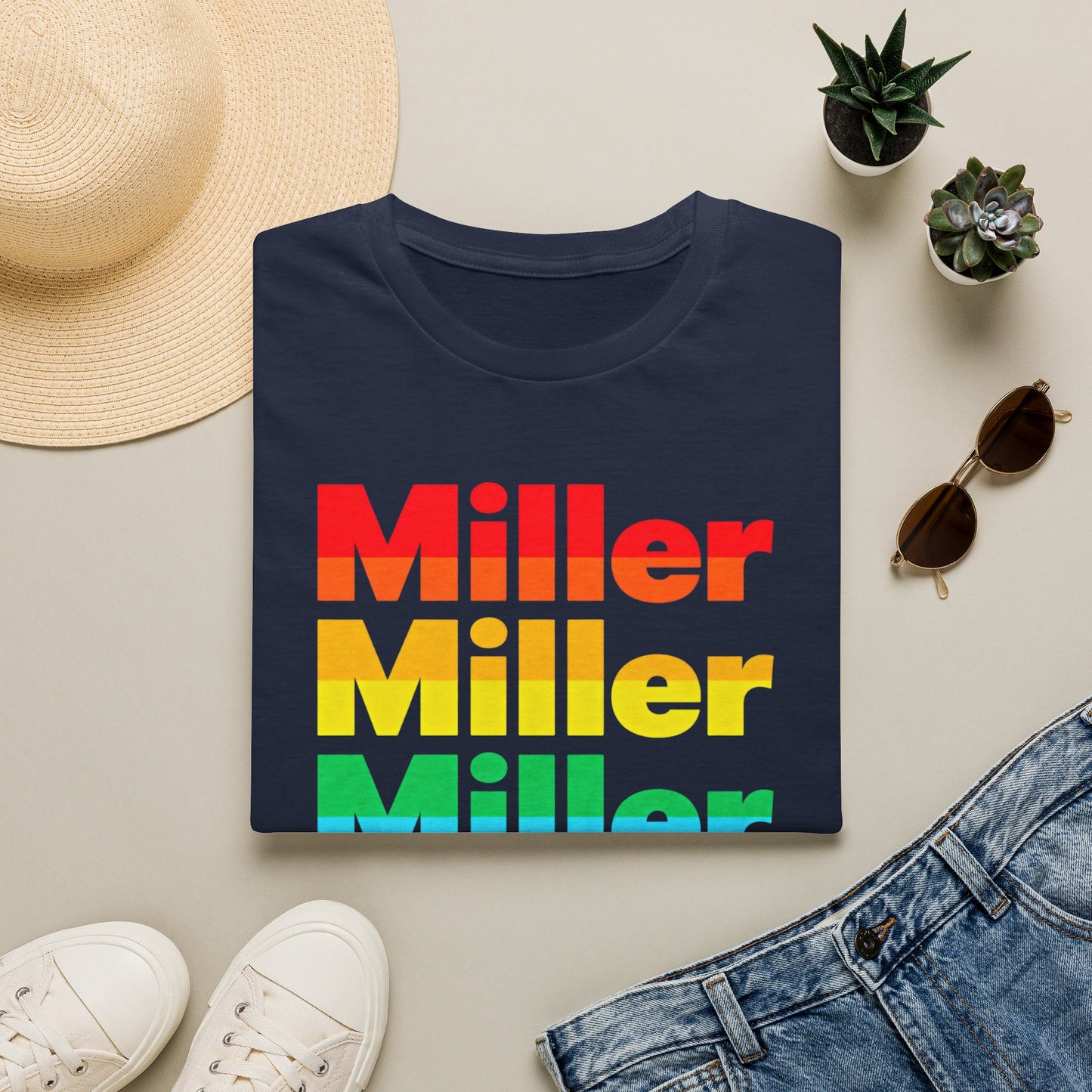 Miller Beach Rainbow Retro Tee — Vintage Stack Name Pride T-Shirt