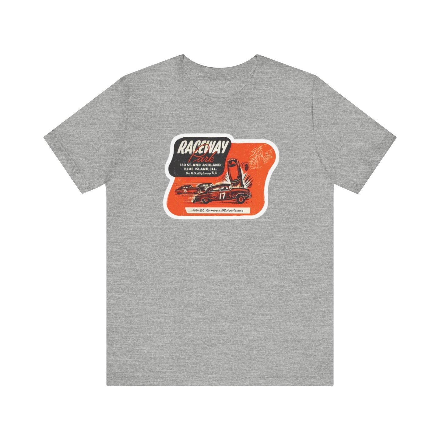 The 1970's Raceway Park - Blue Island, IL - Unisex Jersey Short Sleeve Tee by Printify is a light gray T-shirt featuring a graphic with a red background, an illustration of a race car labeled "17," and text reading "RACEWAY" and "As Seen On." The vintage-inspired design offers a nostalgic nod to classic car enthusiasts, reminiscent of the '70s racing era. The shirt is displayed against a plain background.