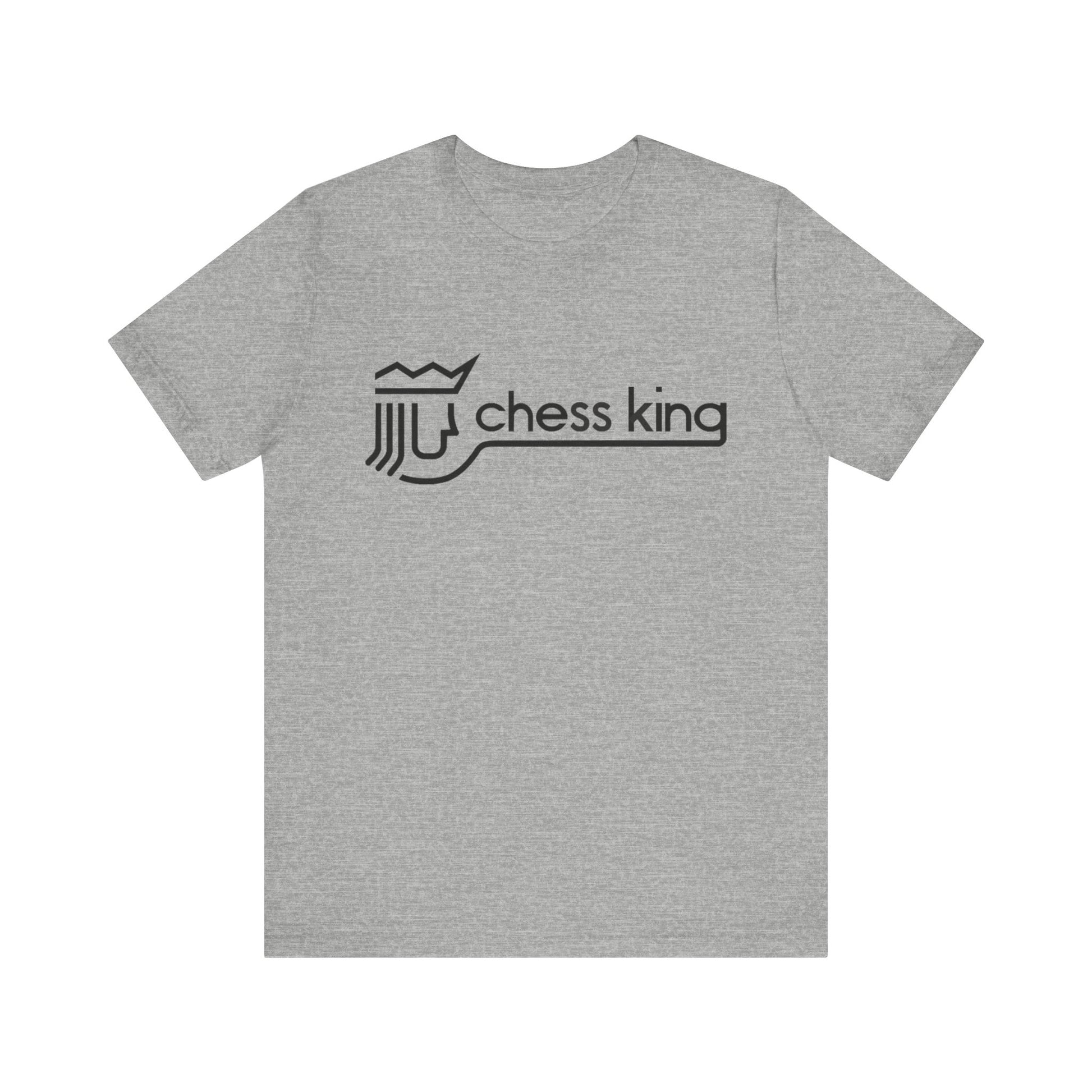 A unisex jersey short sleeve tee from Printify, featuring the Chess King 1980's Clothing Store Logo with a black, stylized king chess piece and the words "Chess King" on a blue background, reminiscent of retro 80s fashion.