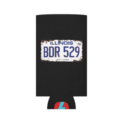 Printify's Blues Brothers - BDR 529 - Koozie is a black beverage can cooler that features a vintage Illinois license plate with "BDR 529" and "Land of Lincoln" on its front, evoking a road-trip vibe. At the bottom, a red circle with a blue lightning bolt symbol completes this stylish koozie.