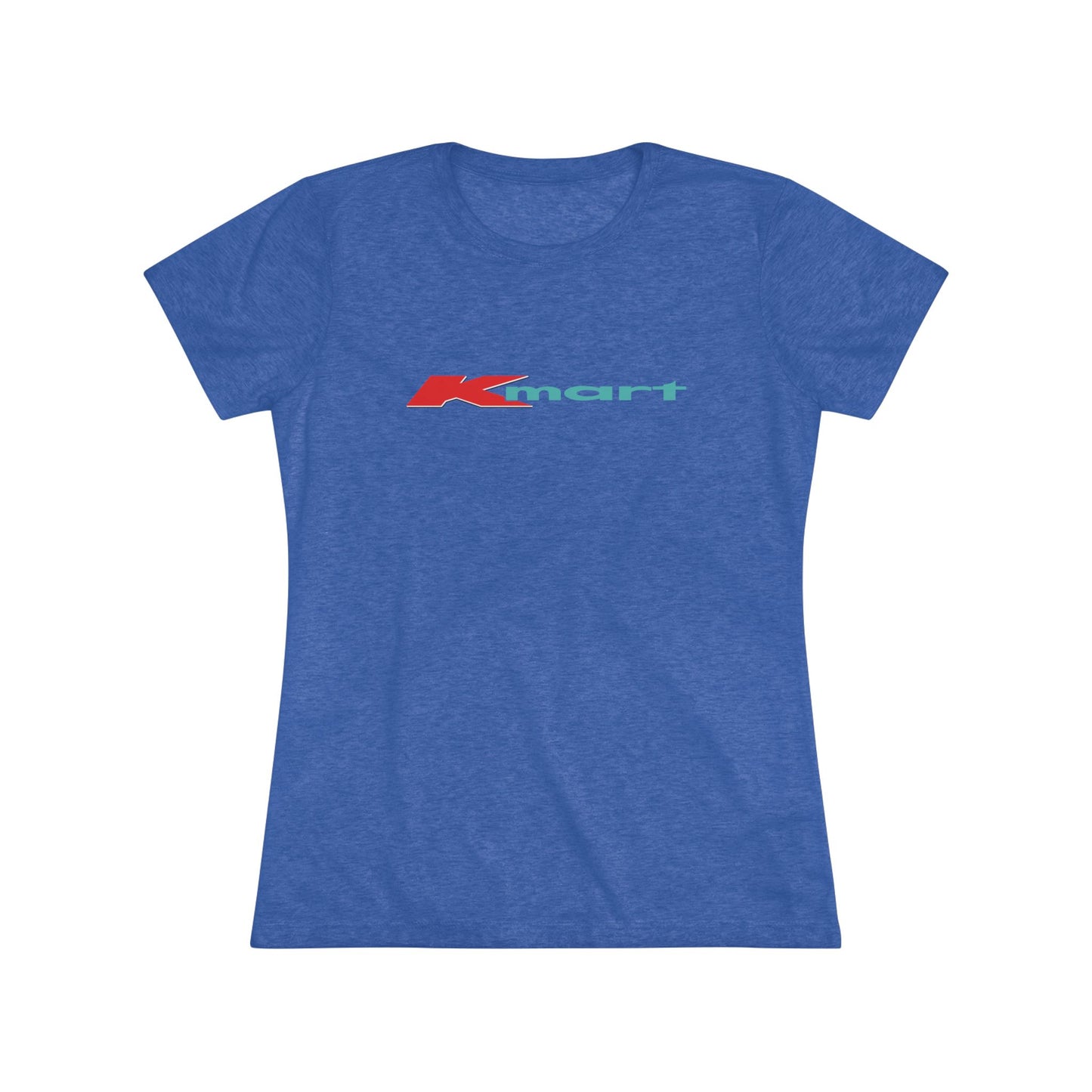 A women's triblend tee by Printify in light gray, featuring a casual and minimalist design that captures the essence of vintage style with a centered 1980s Retro Kmart logo on the front.