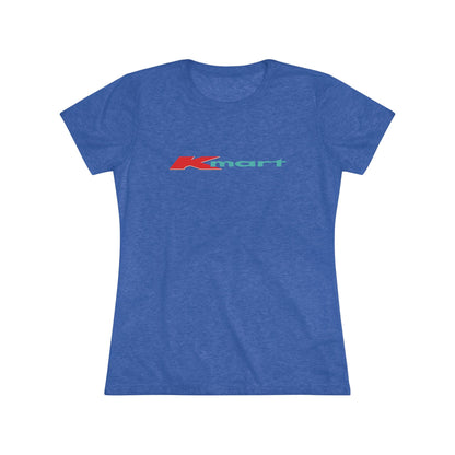 A women's triblend tee by Printify in light gray, featuring a casual and minimalist design that captures the essence of vintage style with a centered 1980s Retro Kmart logo on the front.