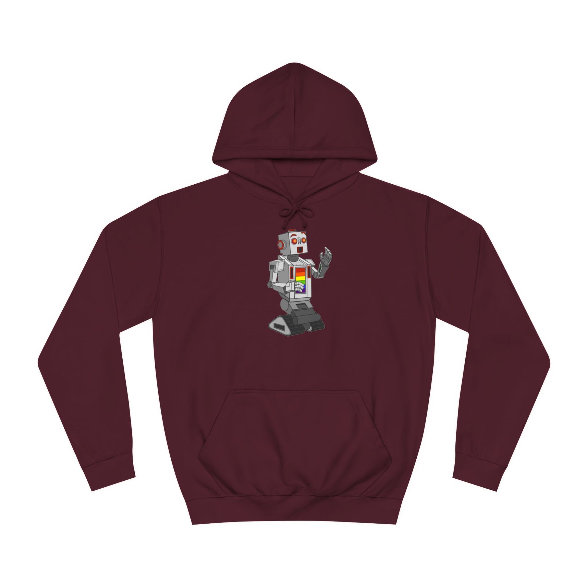 The Gay Robot - Unisex College Hoodie by Printify features a whimsical illustration of a nostalgic robot holding a smartphone. Inspired by Nick Swardson's comedic characters, the robot is grey with red and yellow highlights, balancing on one leg in its striking red design.