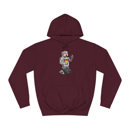 The Gay Robot - Unisex College Hoodie by Printify features a whimsical illustration of a nostalgic robot holding a smartphone. Inspired by Nick Swardson's comedic characters, the robot is grey with red and yellow highlights, balancing on one leg in its striking red design.