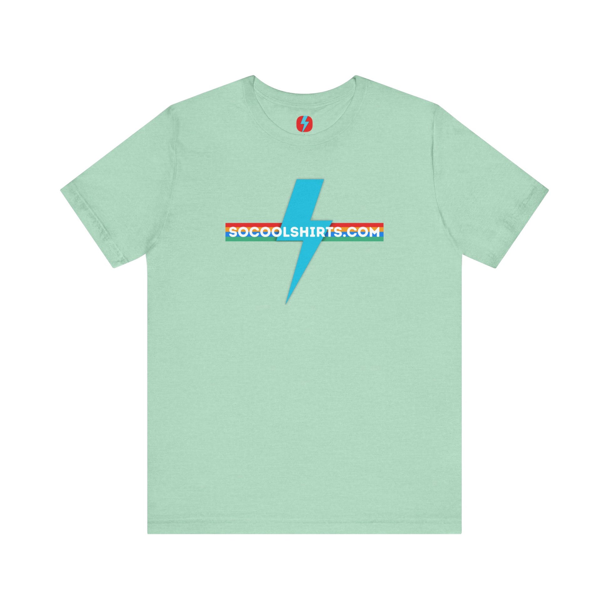 This unisex jersey short sleeve tee by Printify features a striking maroon color with a central light blue lightning bolt design. The text "SOCOOLSHIRTS.COM" is prominently displayed across the lightning bolt in white letters, set against a multicolored background that exudes retro vibes. The shirt is shown laid flat on a white backdrop.