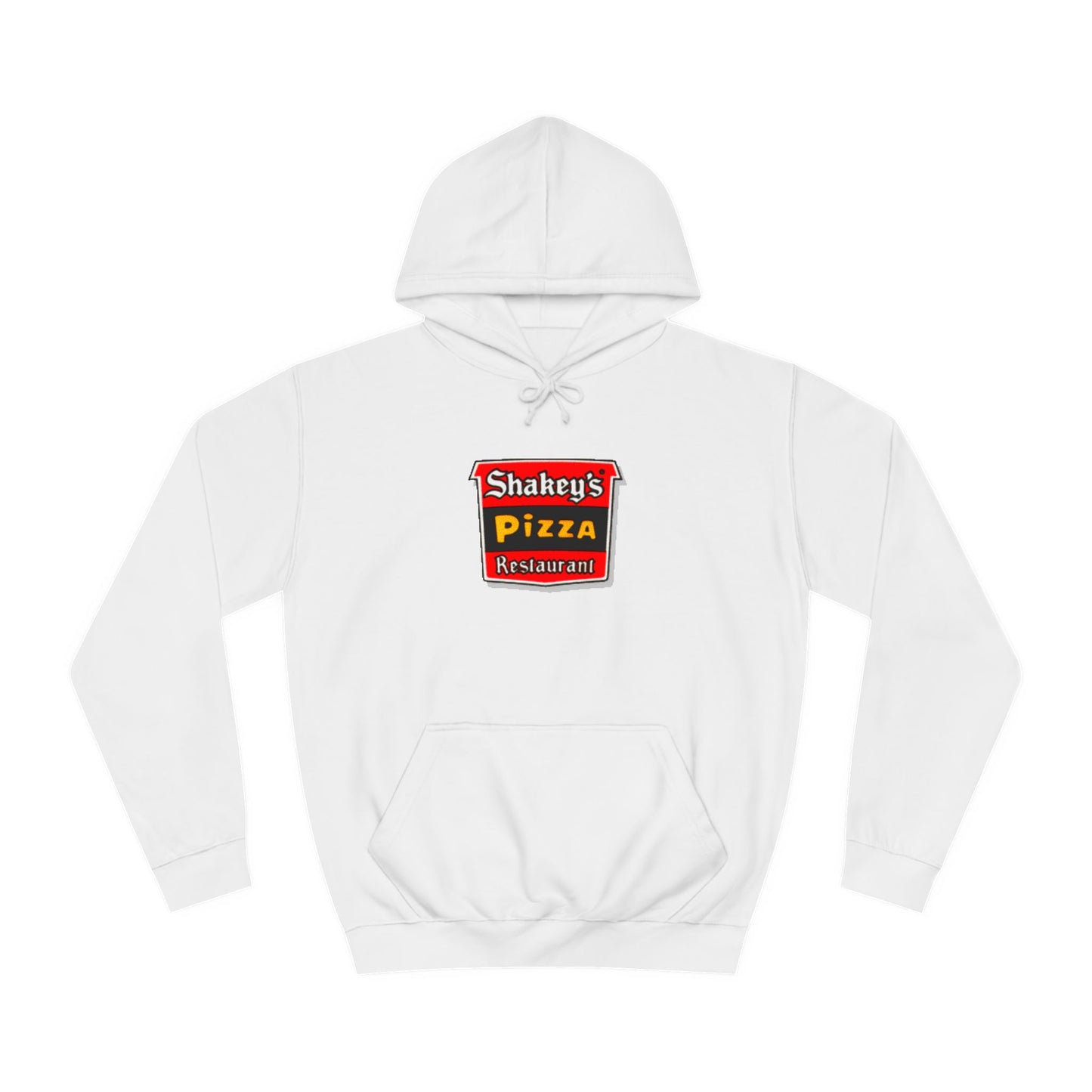 The Shakey's Pizza - 1980s Retro - Unisex Hoodie by Printify showcases a retro-style colorful logo on the front, highlighted with "Shakey's Pizza Restaurant" in bold white lettering against a striking red and black background, offering a vintage feel.