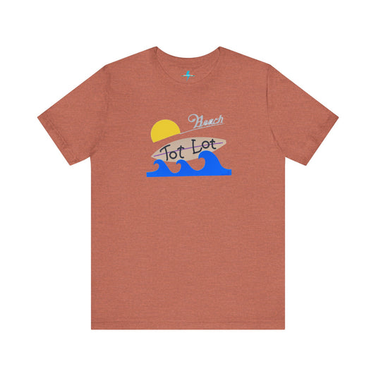 The "Tot Lot Full Sign - Miller Beach" unisex jersey short sleeve tee by Printify is a reddish-brown cotton shirt showcasing an illustration of a yellow sun setting behind two blue ocean waves. The words "Miller Beach Tot Lot" are elegantly written across the waves in a stylized font, all on breathable fabric.