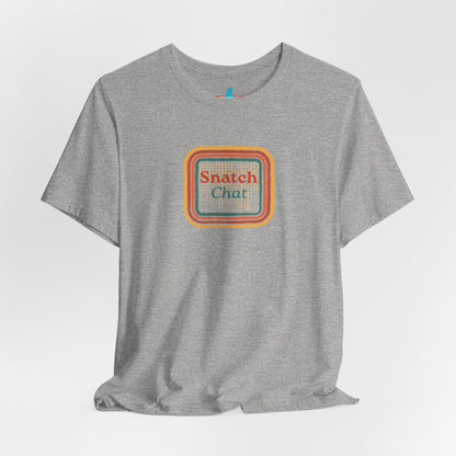 A light brown Snatch Chat - Unisex Jersey Short Sleeve Tee by Printify features the text "Snatch Chat" in the center, enclosed within a square composed of red, orange, yellow, and brown layers. This retro-designed tee is crafted from premium fabric and is showcased against a plain white background.