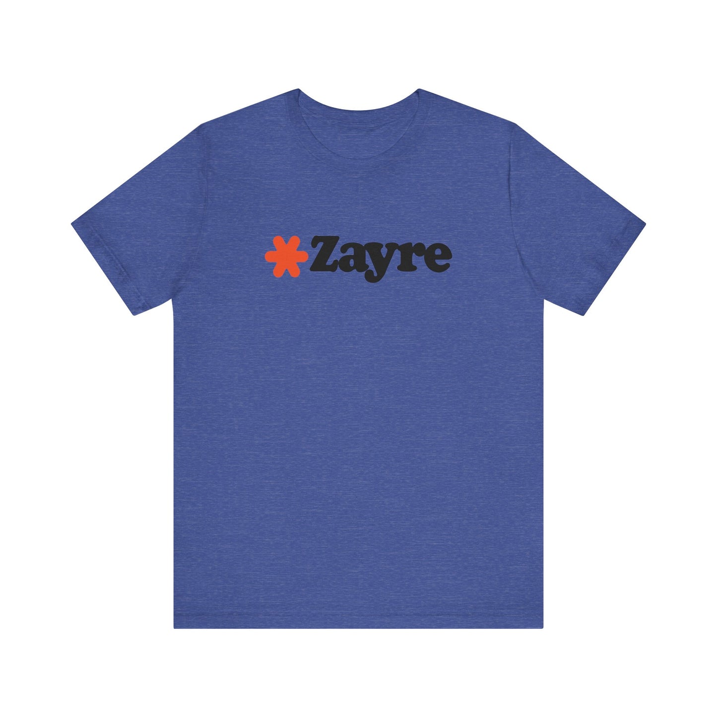 The Zayre Stores Logo - Retro 1980s Unisex Jersey Short Sleeve Tee by Printify features a gray design with the word "Zayre" printed in black letters and a red asterisk preceding the text. Reminiscent of retro fashion from the Zayre 1980s Retail Store, this shirt is displayed against a minimalistic white background and appears to be made of soft, comfortable fabric.