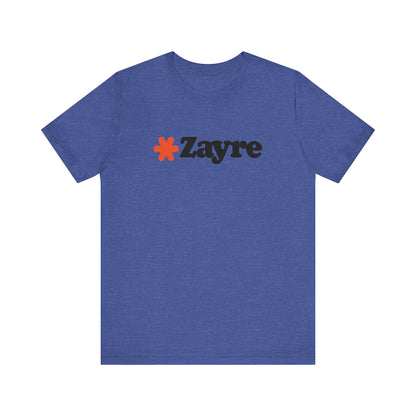 The Zayre Stores Logo - Retro 1980s Unisex Jersey Short Sleeve Tee by Printify features a gray design with the word "Zayre" printed in black letters and a red asterisk preceding the text. Reminiscent of retro fashion from the Zayre 1980s Retail Store, this shirt is displayed against a minimalistic white background and appears to be made of soft, comfortable fabric.