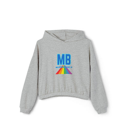 The Women's Cinched Bottom Hoodie from Printify, named "Miller Beach - Unity," is crafted in an oversized light gray design. It features a striking rainbow logo and bold blue "MB" letters on the front, with "MILLER & BARRY, INC." printed below. The casual style of this cotton-polyester blend is further accentuated by a lively triangular pattern.