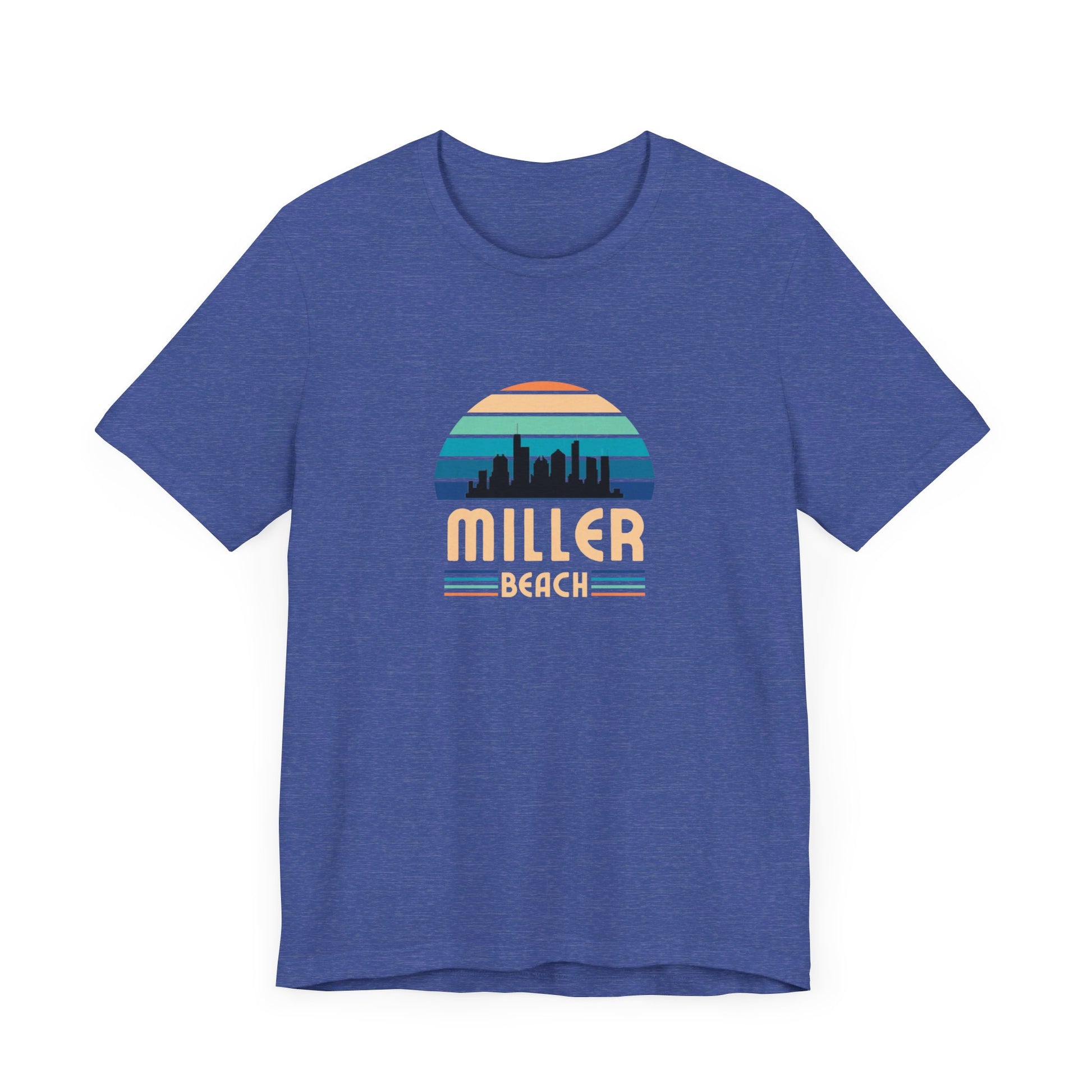 The Printify Miller Beach Chicago Skyline - Unisex Jersey Short Sleeve Tee is a light blue T-shirt featuring a stylized graphic of the Chicago skyline against a setting sun with gradient shades of blue and orange. Below the graphic, "Miller Beach" is printed in bold, yellow letters.